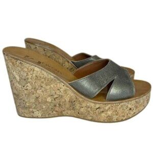 K. Jacques St. Tropez Cork Wedge Sandals In Silver Sz 37 US 5.5-6